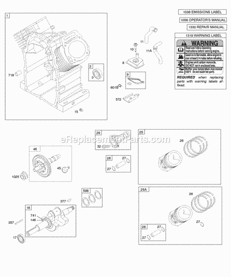 Camshaft Crankshaft Cylinder PistonRingsConnecting Rod Diagram and Parts List for 295447-0142-E1  Briggs and Stratton Engine